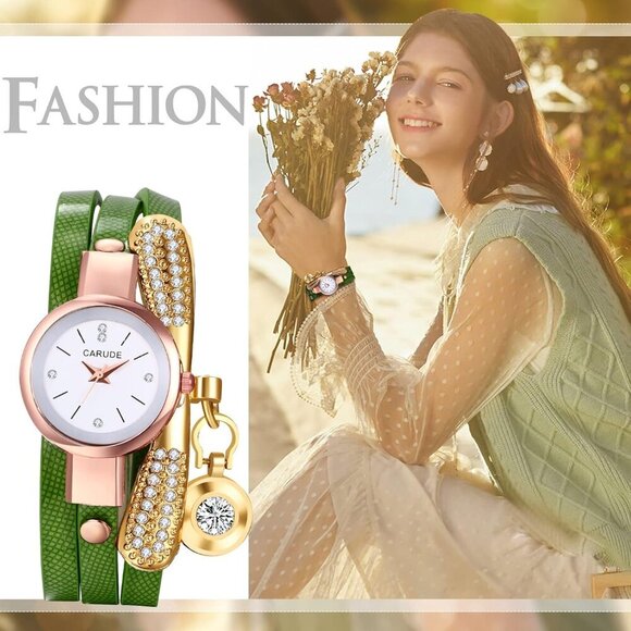 Elegant Women's Wrap Bracelet Watch with Rhinestone and Multilayer Leather - Picture 3 of 7